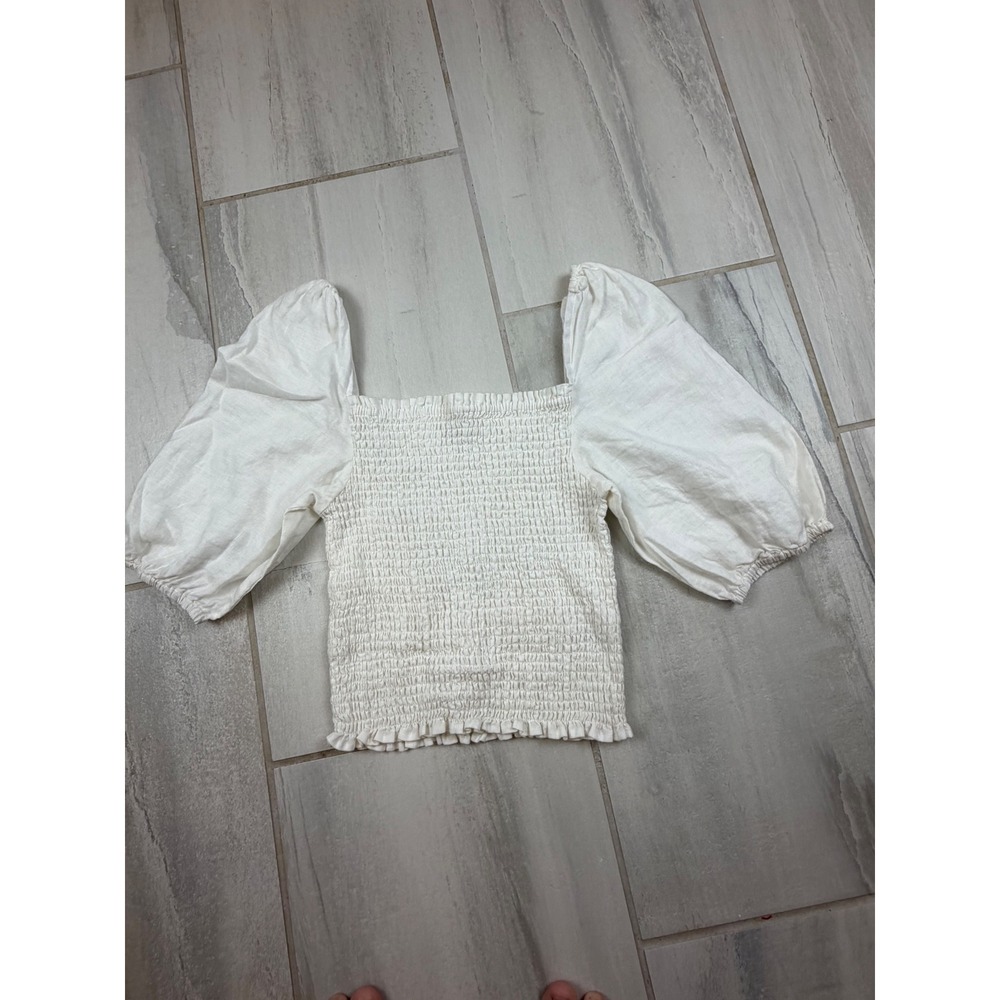 Faherty White 100% Linen Smocked Puff Sleeve Top SquareNeck WTU2216-OYS Womens S